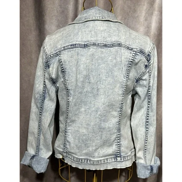FRAYED Jeans  Denim Jacket Women's Medium Stone/Acid Wash Light Blue Classic‎ - Picture 4 of 12